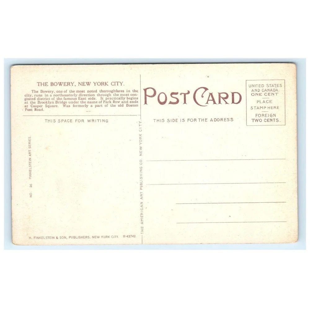 Vintage Postcard The Bowery Elevated Train Street‎ Car New York City NY ca 1914